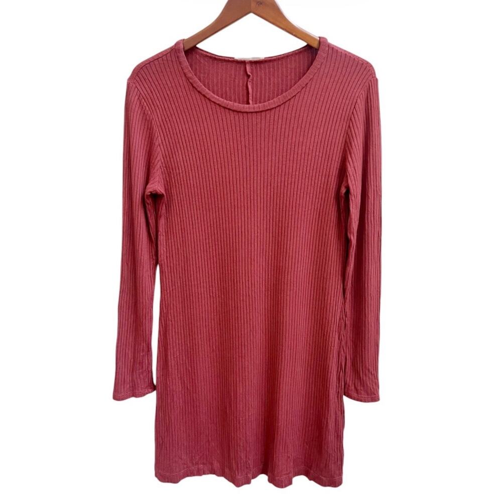 REFORMATION JEANNE T Shirt Dress Sz L Brick Red Ribbed Stretch Knit Long Slv